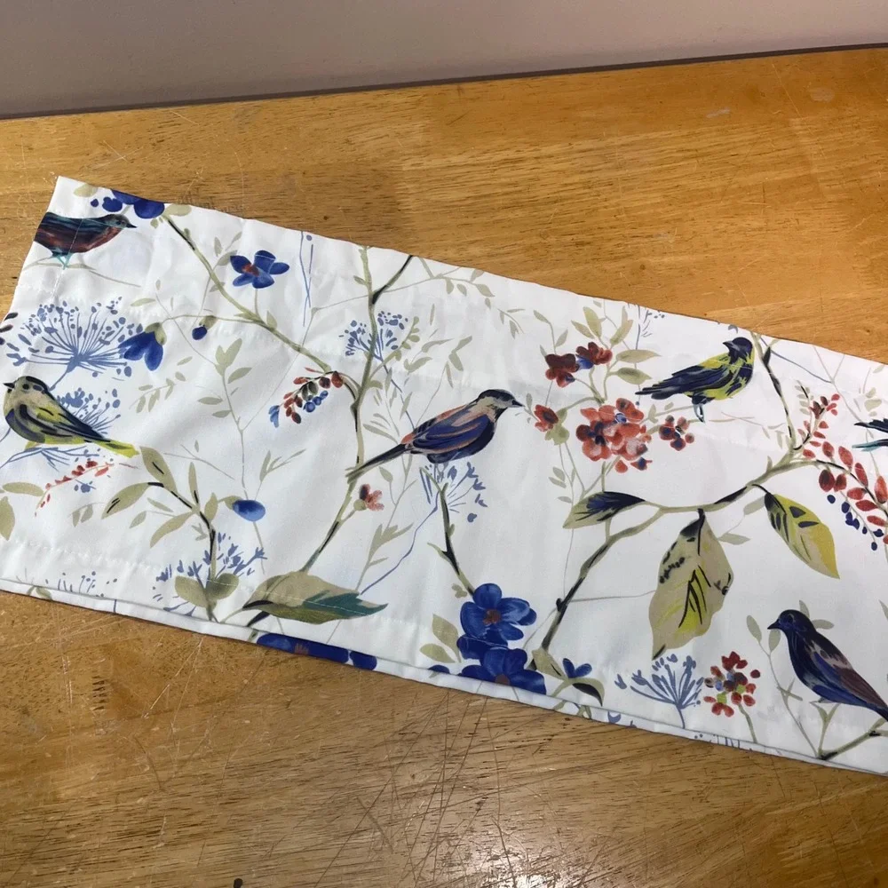 Bird Floral Linen Window Valance 52x12 White Blue Botanical Print Handmade